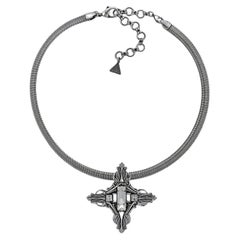 Ermani Bulatti Silver Tone and Crystal Cross Pendant and Omega Chain circa 1980s