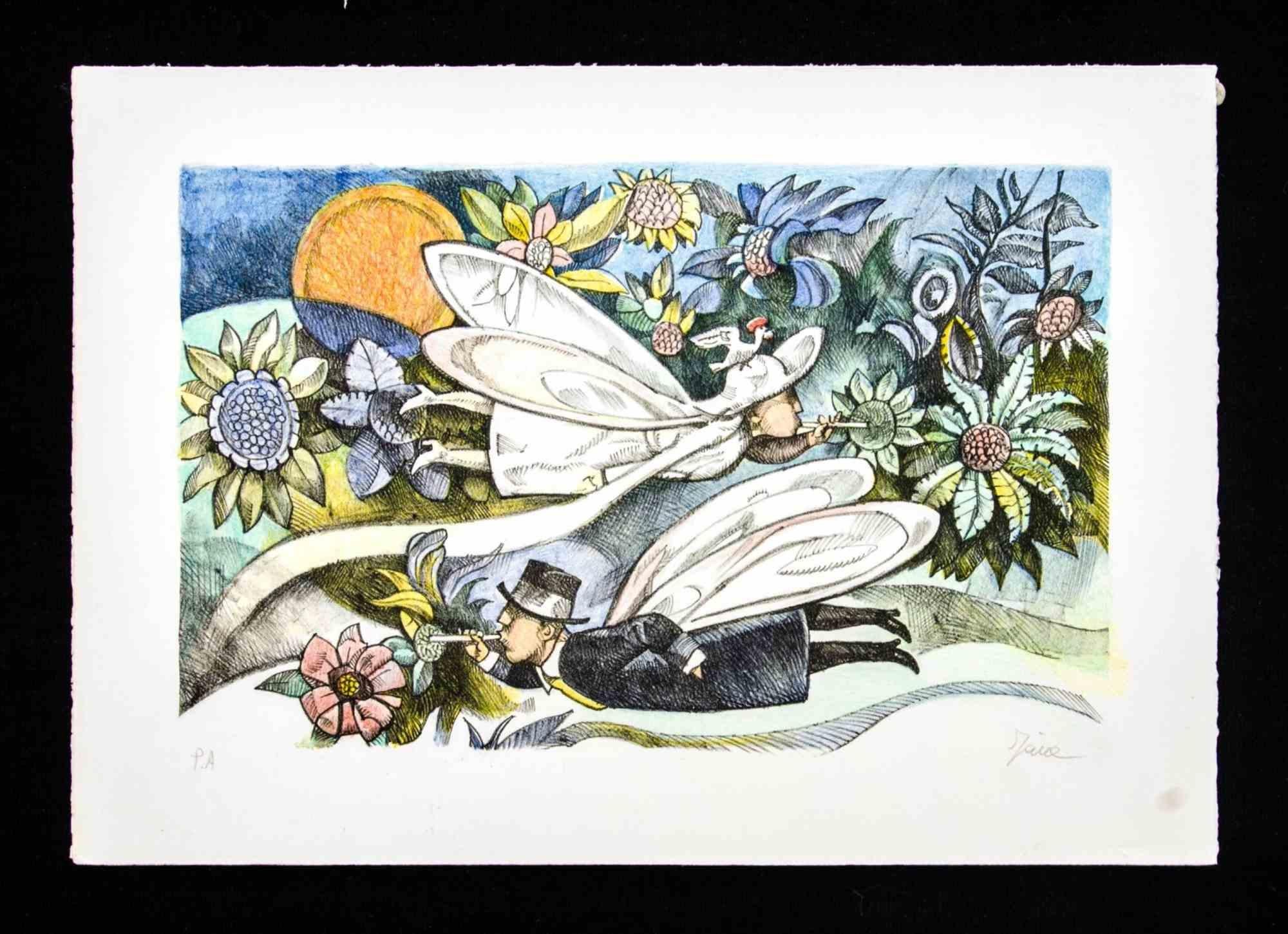 Lithograph on Magnani-Pescia paper. Paper size 35cmx50cm, work size 26cmx40cm. Excellent condition, no defects. 
Ermanno Iaia - Born in Rome in 1933,
He attended the San Giacomo Academy and worked in film advertising, in 1953 he won the