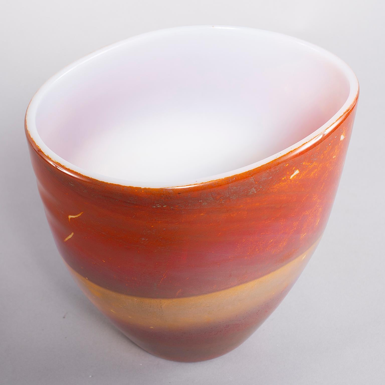 Murano glass opaline bowl form vase by Ermanno Nason for Antonio da Ros features rich color bands of red, amber and ochre. Excellent vintage condition with no flaws found, circa 1960s.