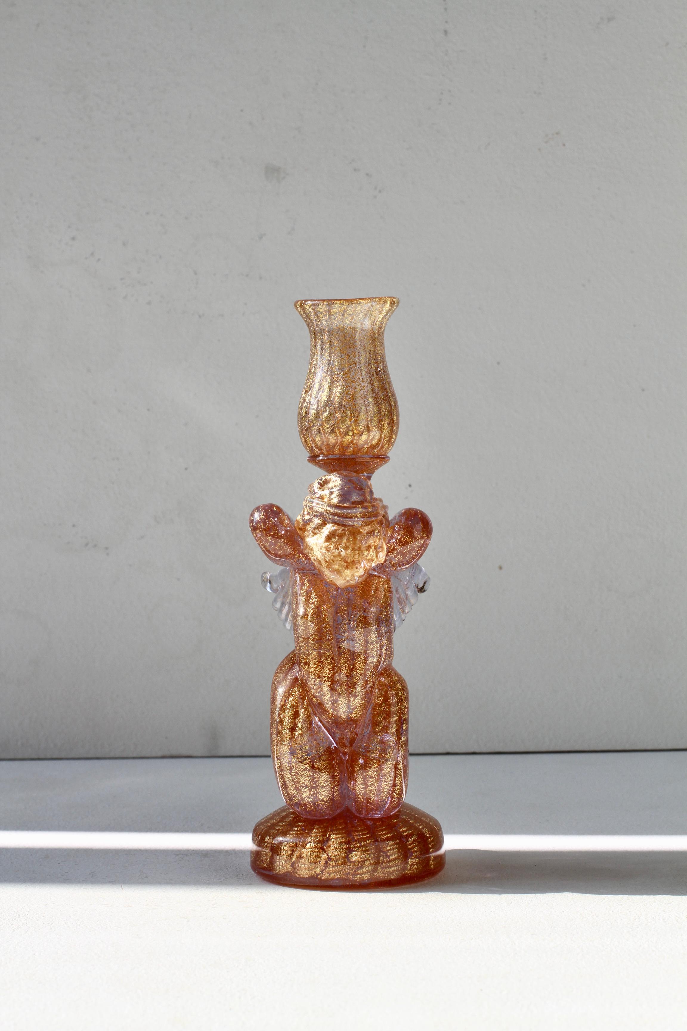 Ermanno Nason for Cenedese attributed large Mid-Century Modern vintage Italian pink Murano glass, with gold dust inclusions, candlestick holder, with handle for easy carrying and gold dust inclusions, made circa 1950s -1990s. This large, almost