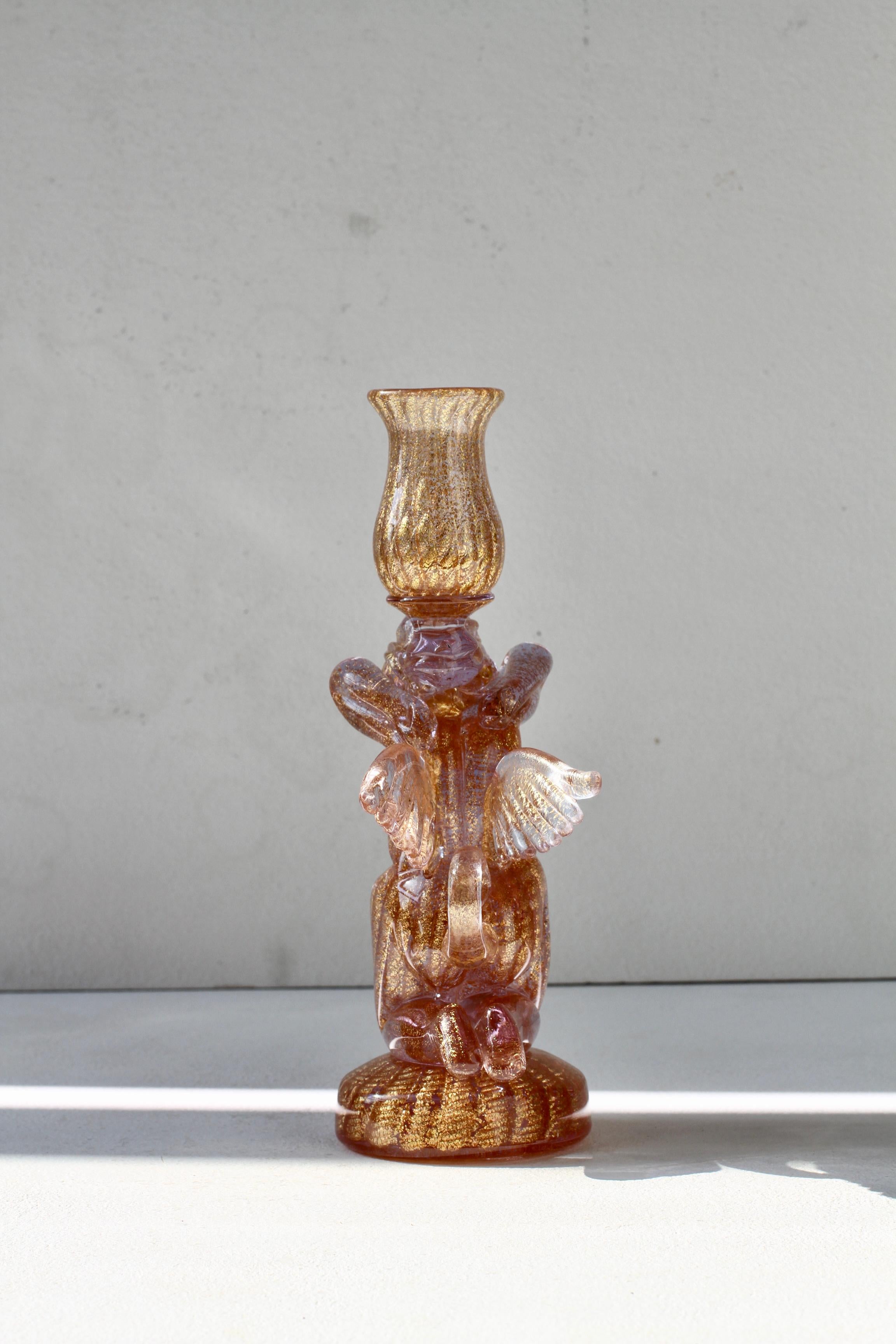Blown Glass Ermanno Nason for Cenedese Attrib. Italian Pink Murano Glass Candlestick Holder For Sale