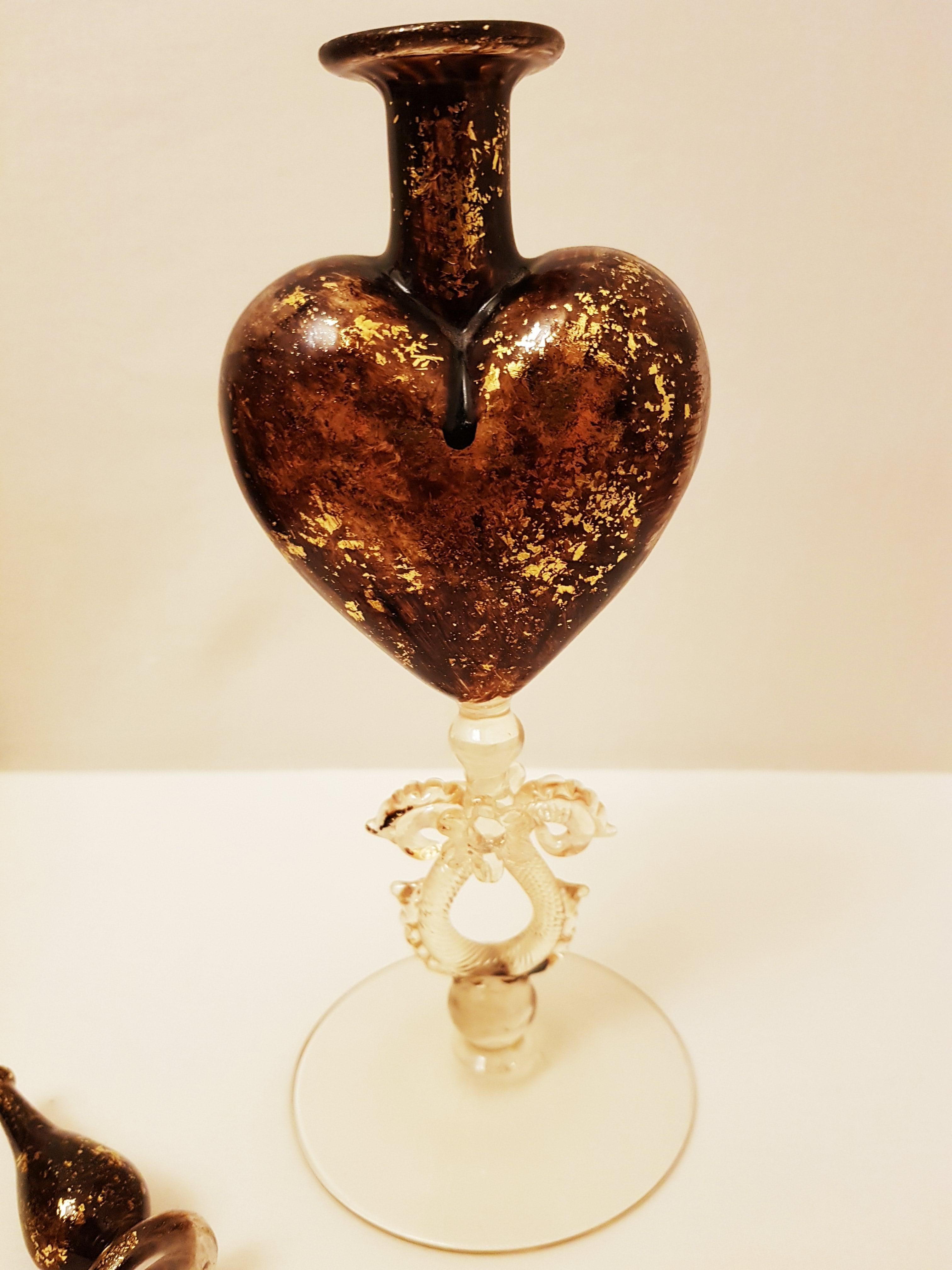 Early 20th Century Antique Salviati murano glass heart Perfume Bottle with gold leaf  For Sale