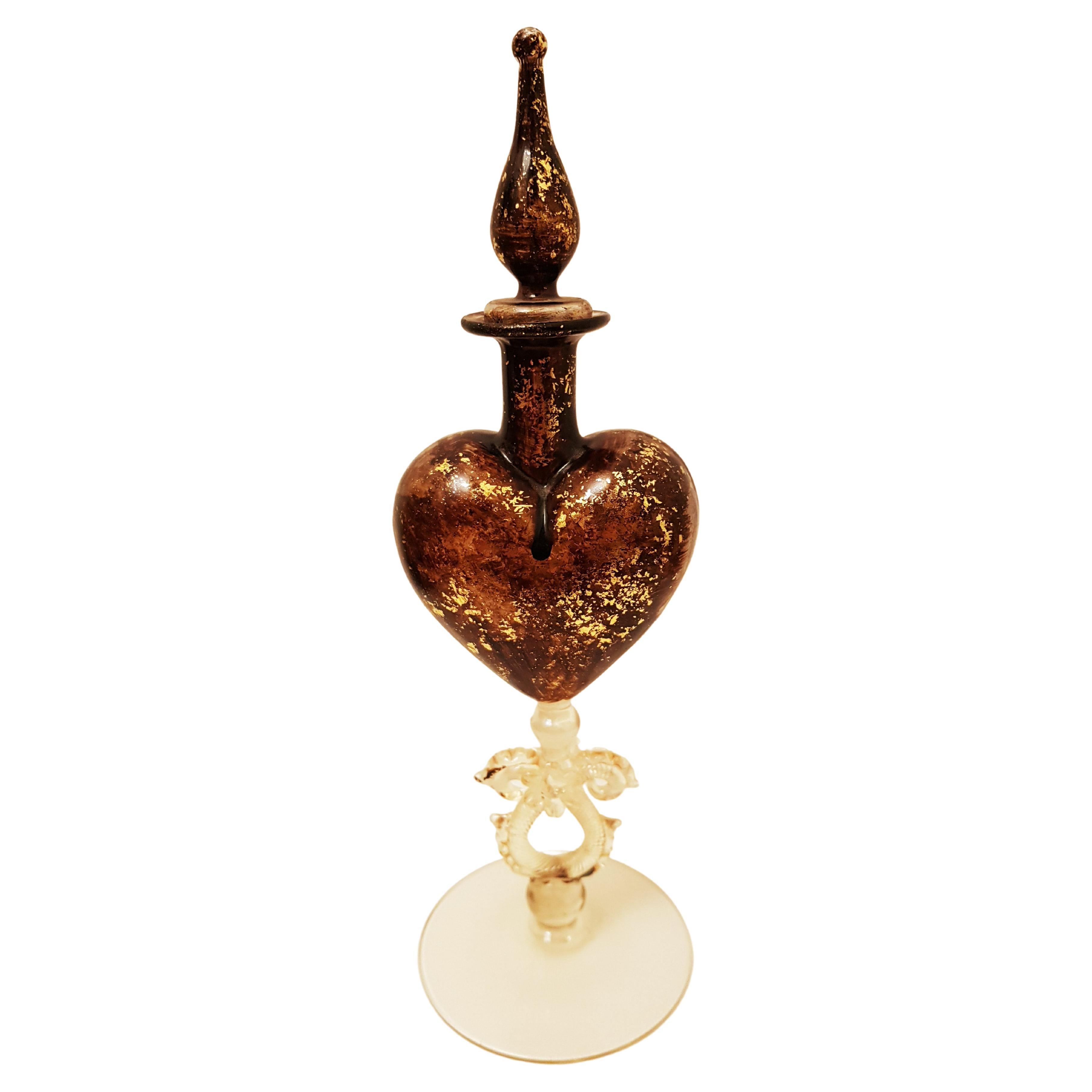 Antique Salviati murano glass heart Perfume Bottle with gold leaf  For Sale