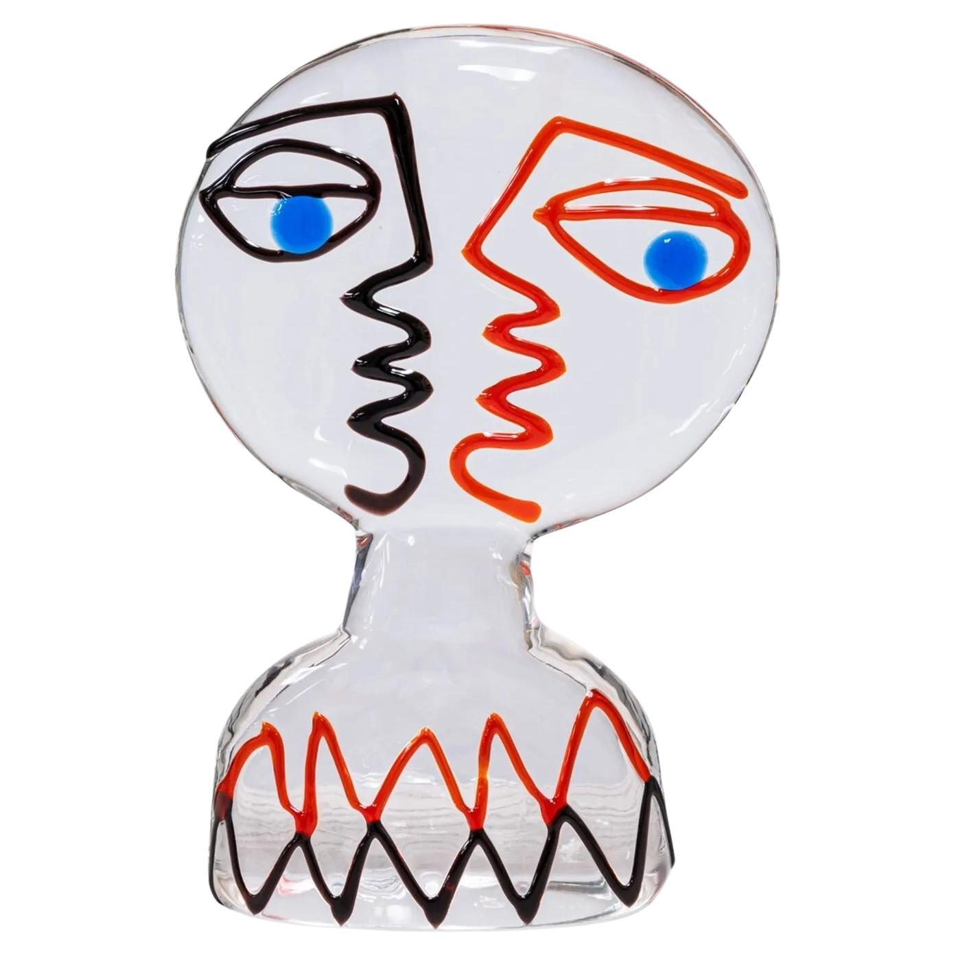 Ermanno Nason Italian Murano Cubist Modern Face Glass Sculpture Signed 1970's en vente