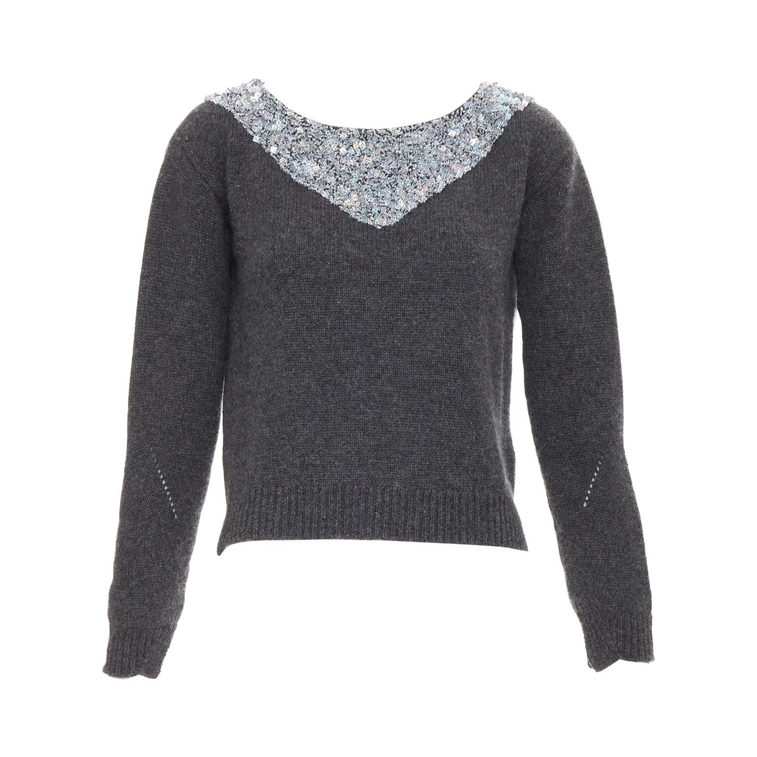 Pre-owned Ermanno Scervino 100% Cashmere Holographic Bead Embellished Collar Sweater In Black