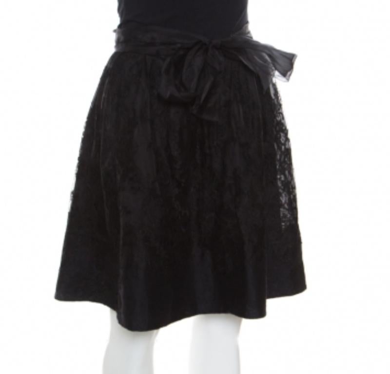 Ermanno Scervino Schwarz Kaschmir und Seide Biegung Floral Spitze A Linie Rock S im Angebot 1