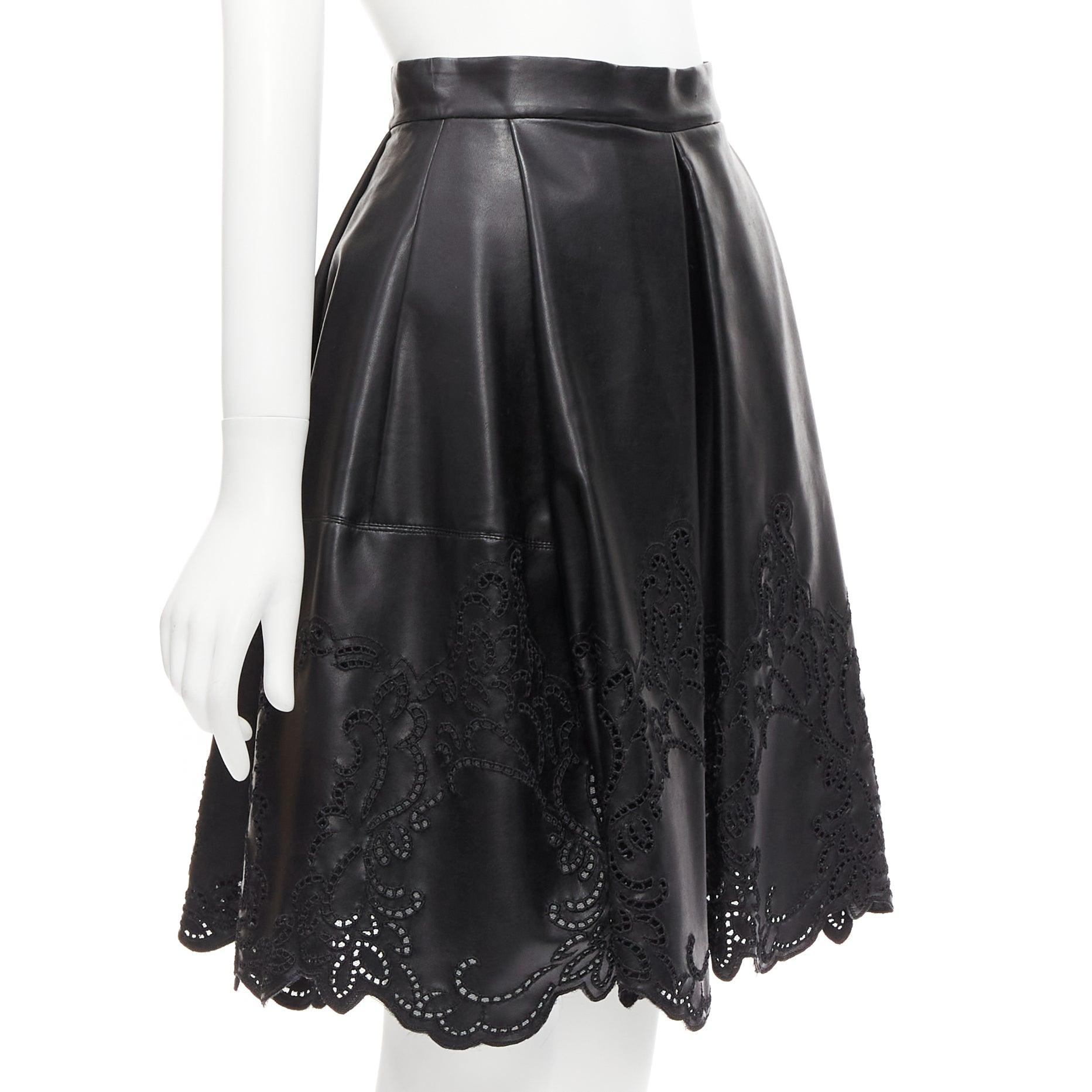 Black ERMANNO SCERVINO black faux leather lattice embroidery scalloped skirt IT38 XS For Sale
