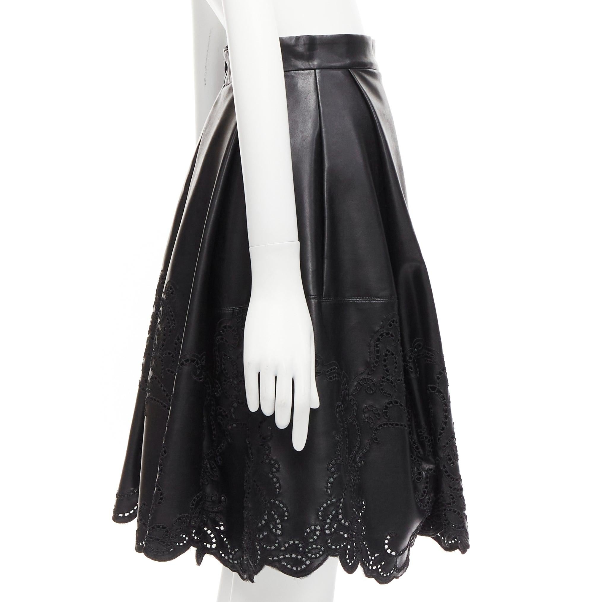 Women's ERMANNO SCERVINO black faux leather lattice embroidery scalloped skirt IT38 XS For Sale