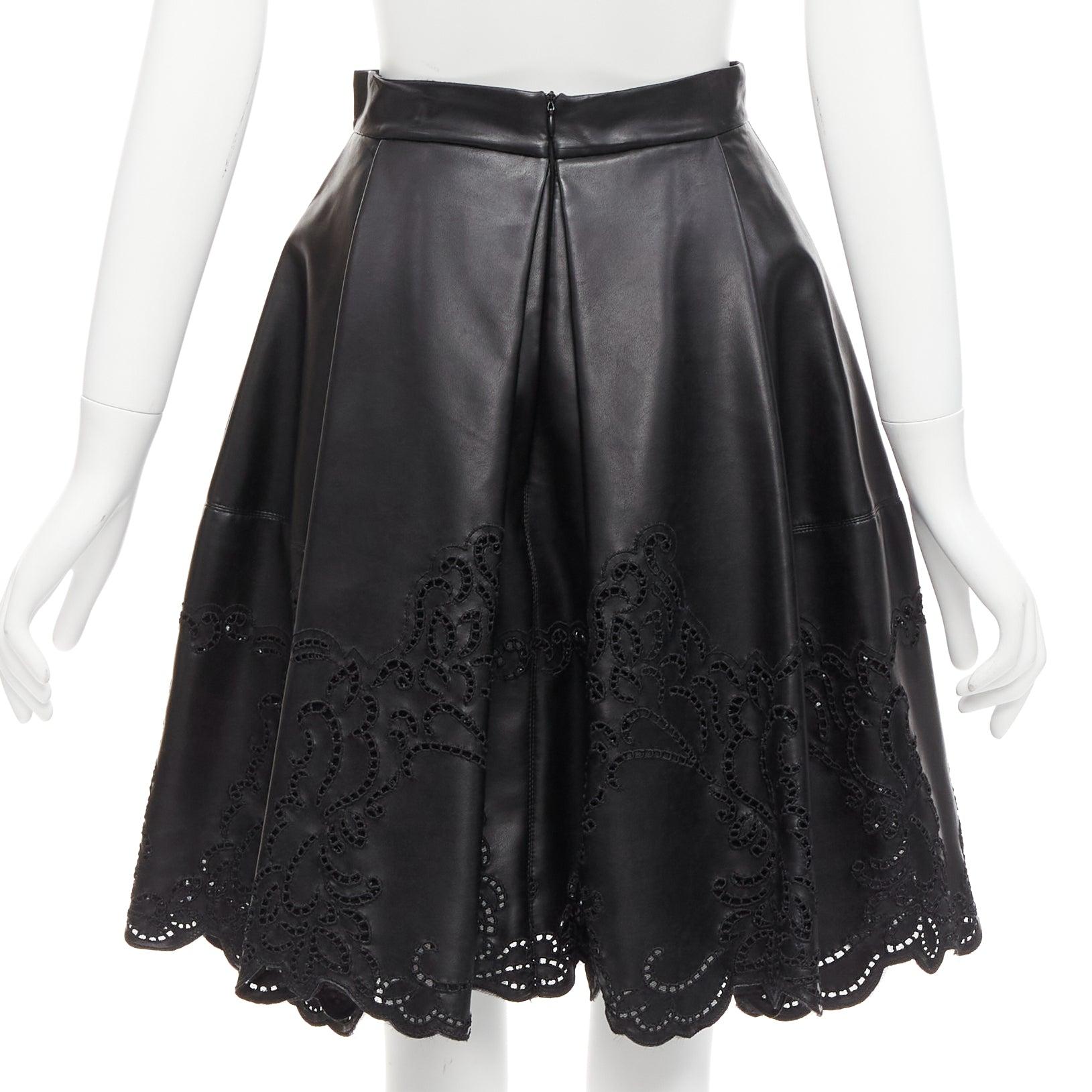 Women's ERMANNO SCERVINO black faux leather lattice embroidery scalloped skirt IT38 XS For Sale