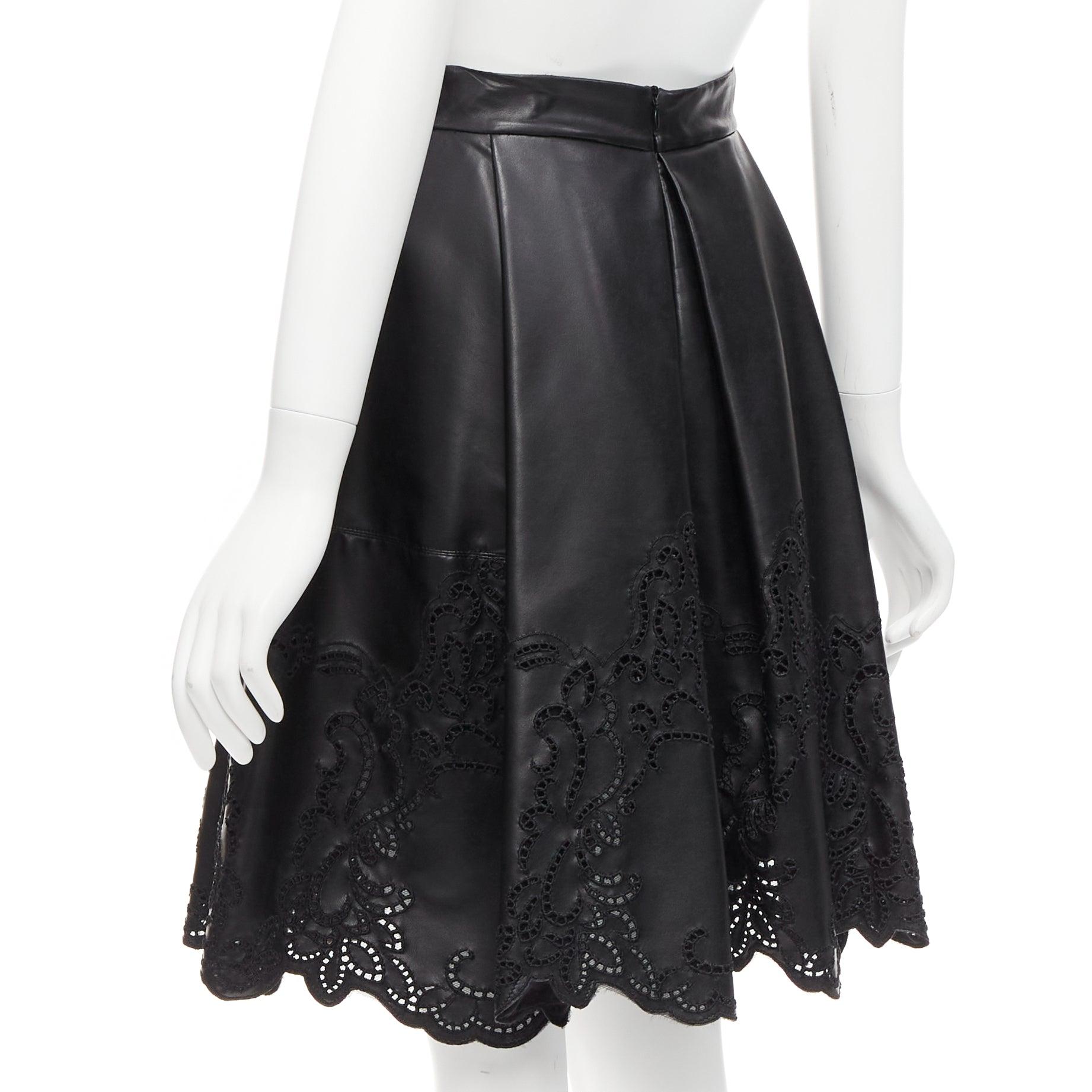 ERMANNO SCERVINO black faux leather lattice embroidery scalloped skirt IT38 XS For Sale 1