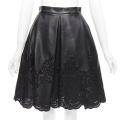 ERMANNO SCERVINO black faux leather lattice embroidery scalloped skirt IT38 XS
