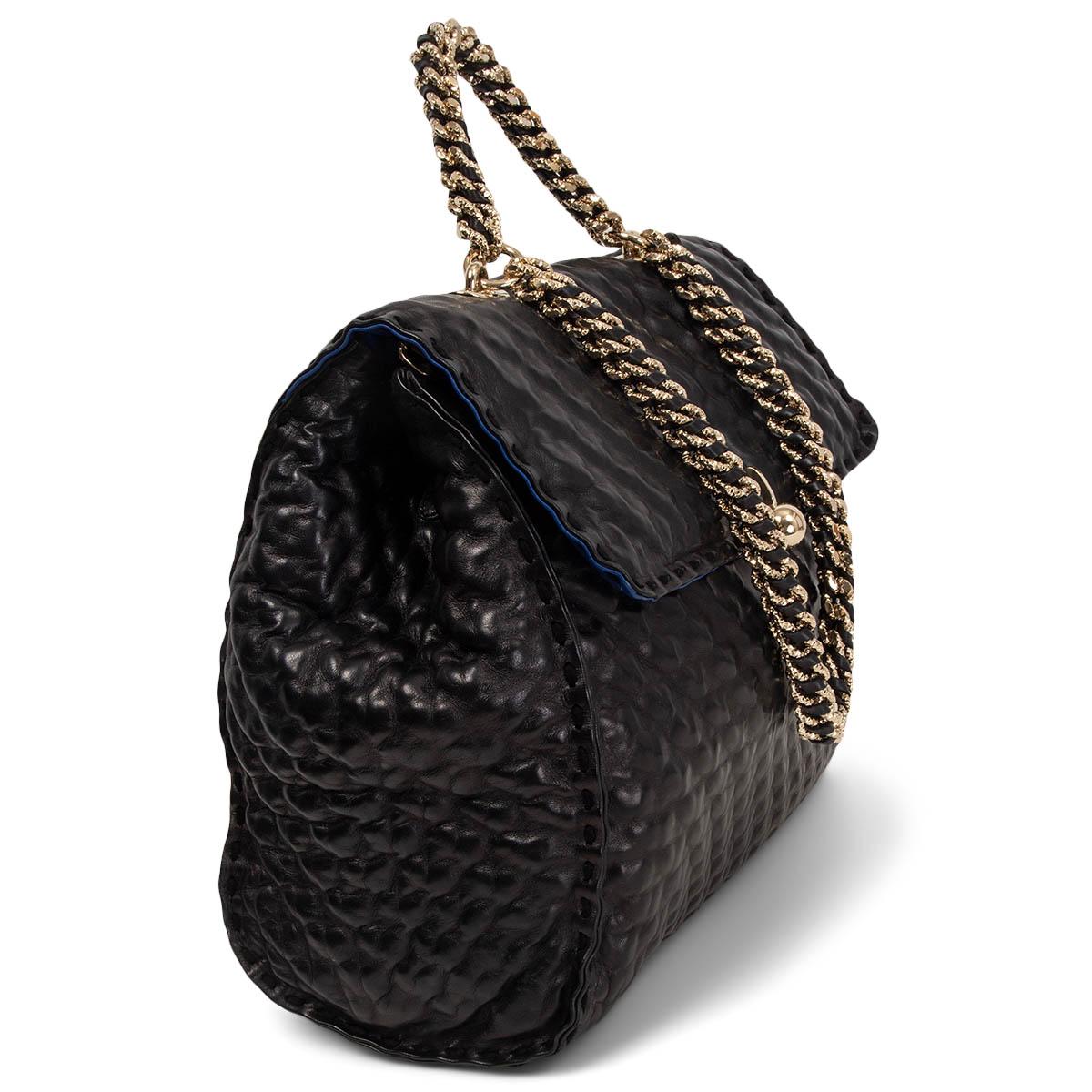 100% authentic Ermanno Scervino Faubourg Large Shoulder Bag in smooth black nappa leather and light gold-tone metal chain weaved with leather handle and strap. Opens with a flap to a specious interior lined in black knitted wool one blue nappa