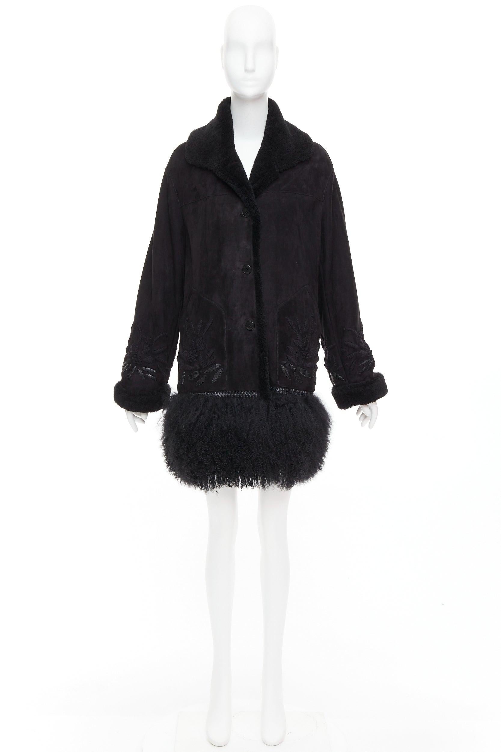 ERMANNO SCERVINO black multi sheep shearling leather embroidered coat IT40 S For Sale 5
