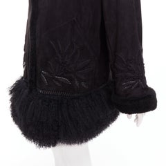 ERMANNO SCERVINO black multi sheep shearling leather embroidered coat IT40 S