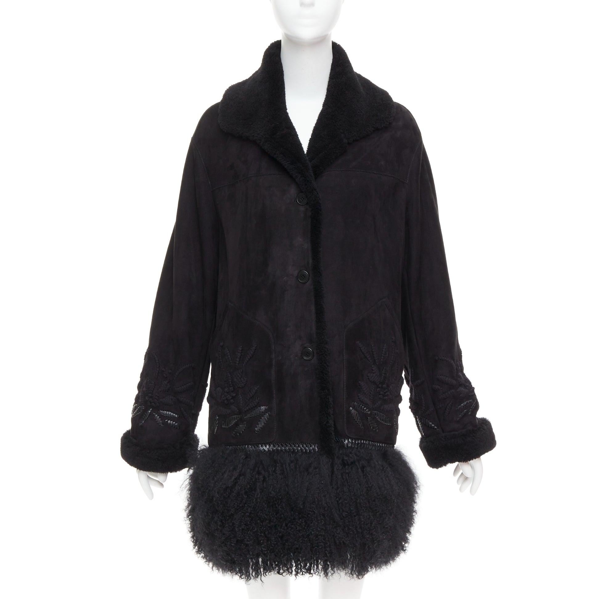 Black ERMANNO SCERVINO black multi sheep shearling leather embroidered coat IT40 S For Sale