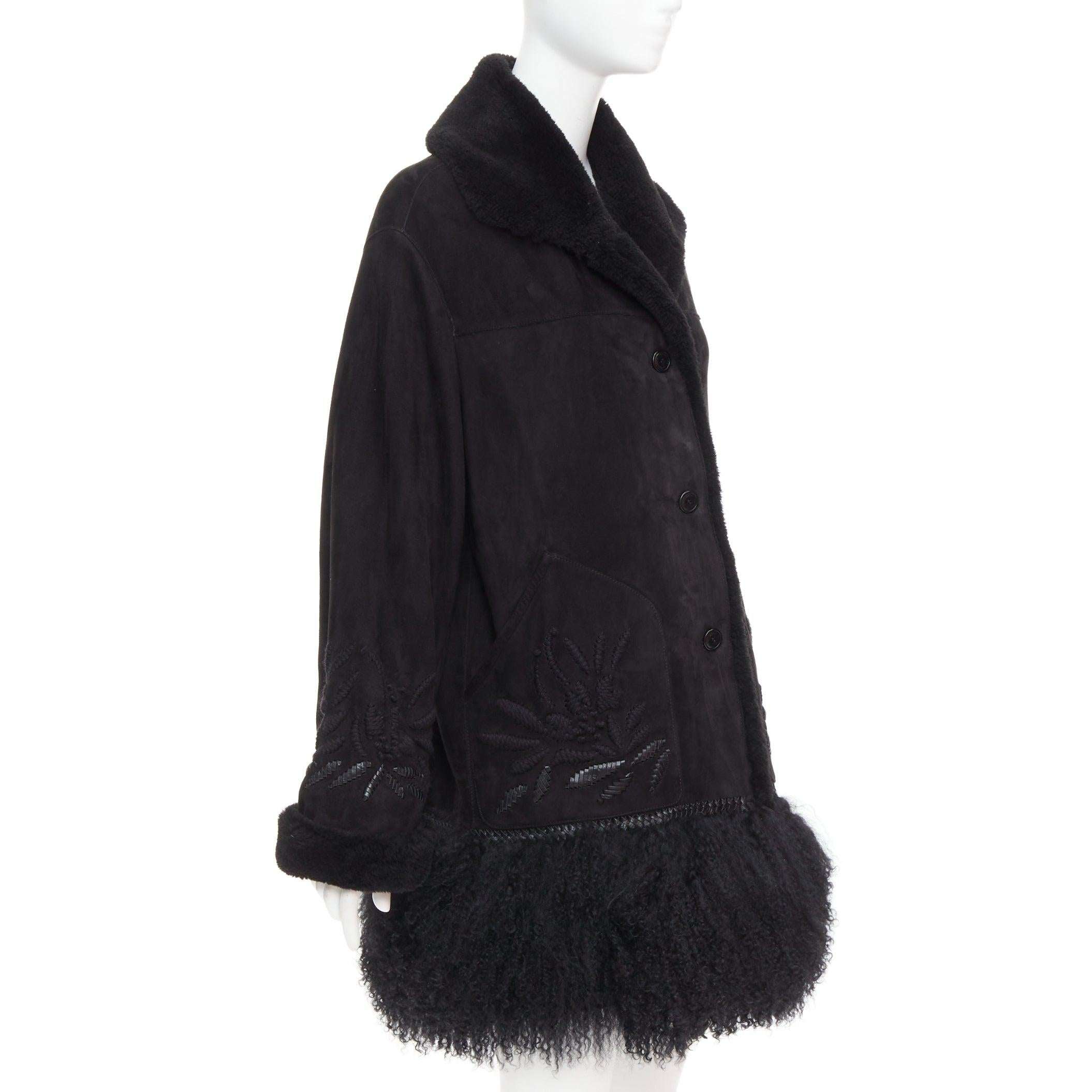 ERMANNO SCERVINO black multi sheep shearling leather embroidered coat IT40 S In Excellent Condition For Sale In Hong Kong, NT