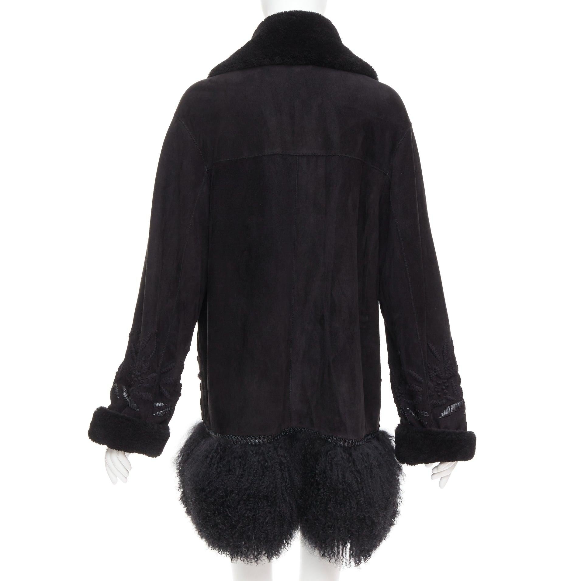 ERMANNO SCERVINO black multi sheep shearling leather embroidered coat IT40 S For Sale 1