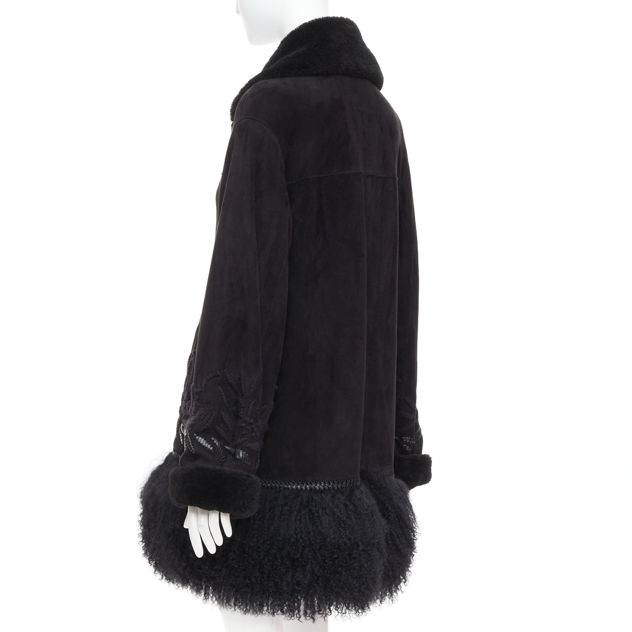 ERMANNO SCERVINO black multi sheep shearling leather embroidered coat IT40 S For Sale 2