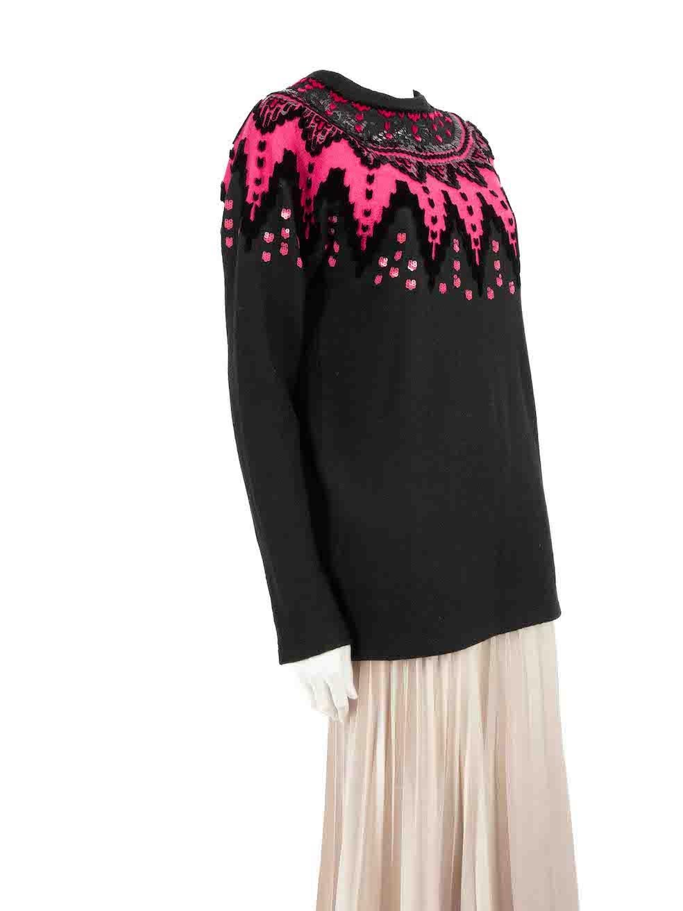 CONDITION is Very good. Hardly any visible wear to jumper is evident on this used Ermanno Scervino designer resale item.
 
 Details
 Black
 Wool
 Jumper
 Pink neckline pattern detail
 Round neck
 Velvet and sequin embellishment
 Long sleeves
 
 

