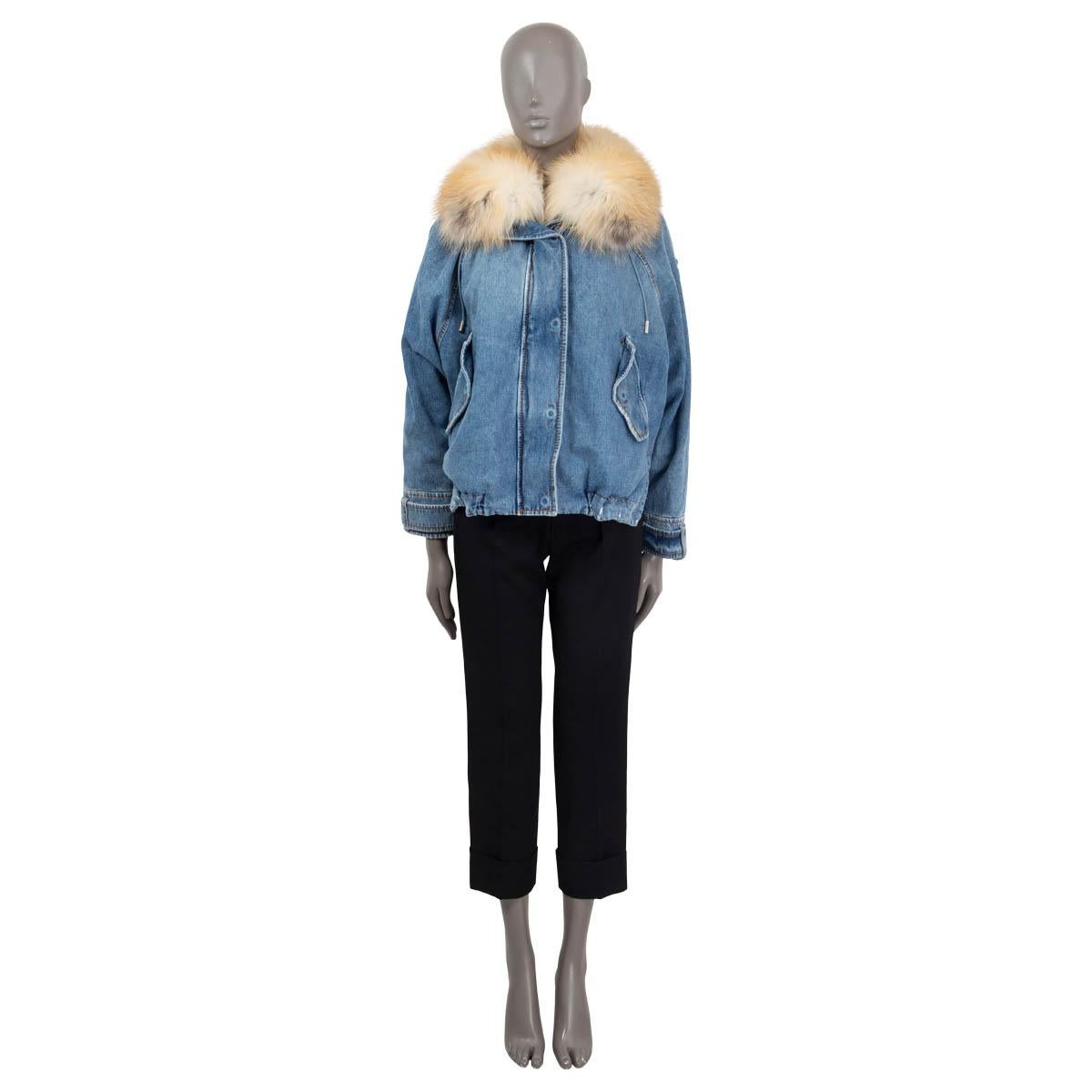 100% authentic Ermanno Scervino distressed hooded denim jacket in blue cotton (100%) with a detachable collar in fox fur (100%). Features long raglan sleeves (sleeve measurements taken from the neck) and two buttoned flap pockets on the front. Has a