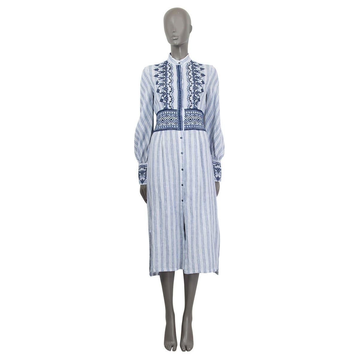 100% authentic Ermanno Scervino Life long sleeve cut out maxi dress in white and blue linen (100%). Features embroideries at the waist, chest and the cuffs. Opens with eleven buttons on the front. Unlined. Has been worn and is in excellent