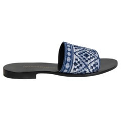 ERMANNO SCERVINO blue white linen EMBROIDERED SLIDE Sandals Shoes 37
