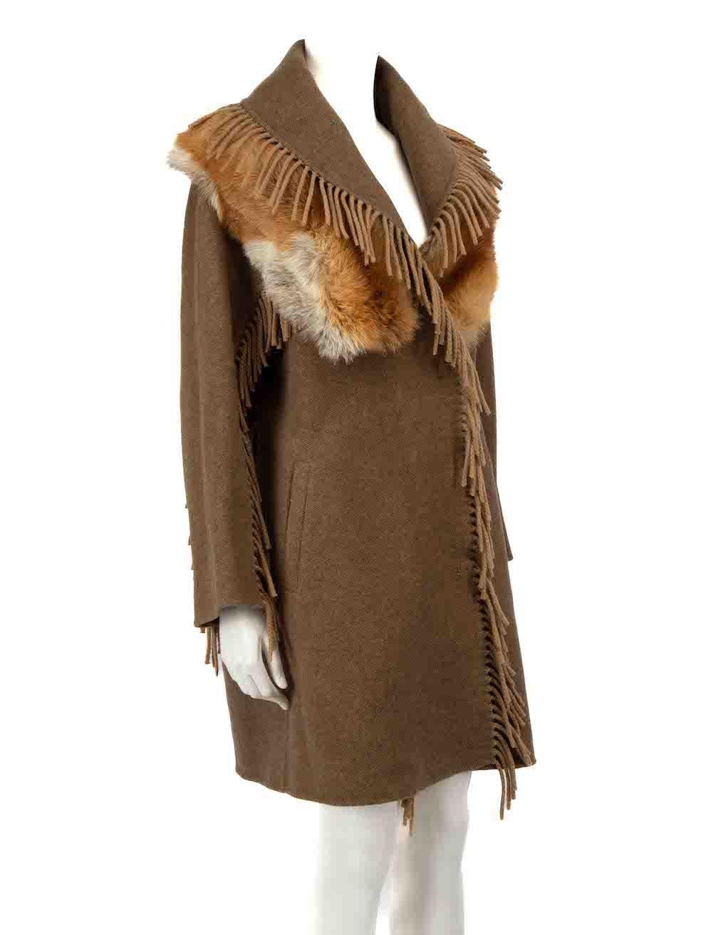 CONDITION is Very good. Minimal wear to coat is evident. Minimal wear with the matching belt missing on this used Ermanno Scervino designer resale item.
 
Details
Brown
Wool
Mid length coat
Fringed accent
Detachable fur collar
Front snap button up