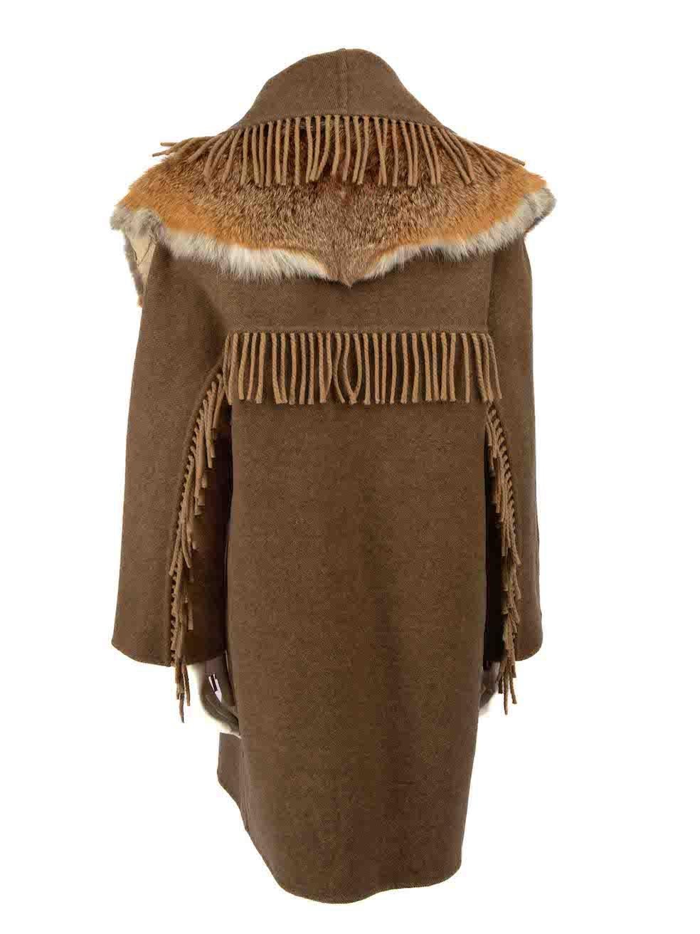 Ermanno Scervino Brown Wool Fur Collar Fringe Coat Size XL In Good Condition For Sale In London, GB