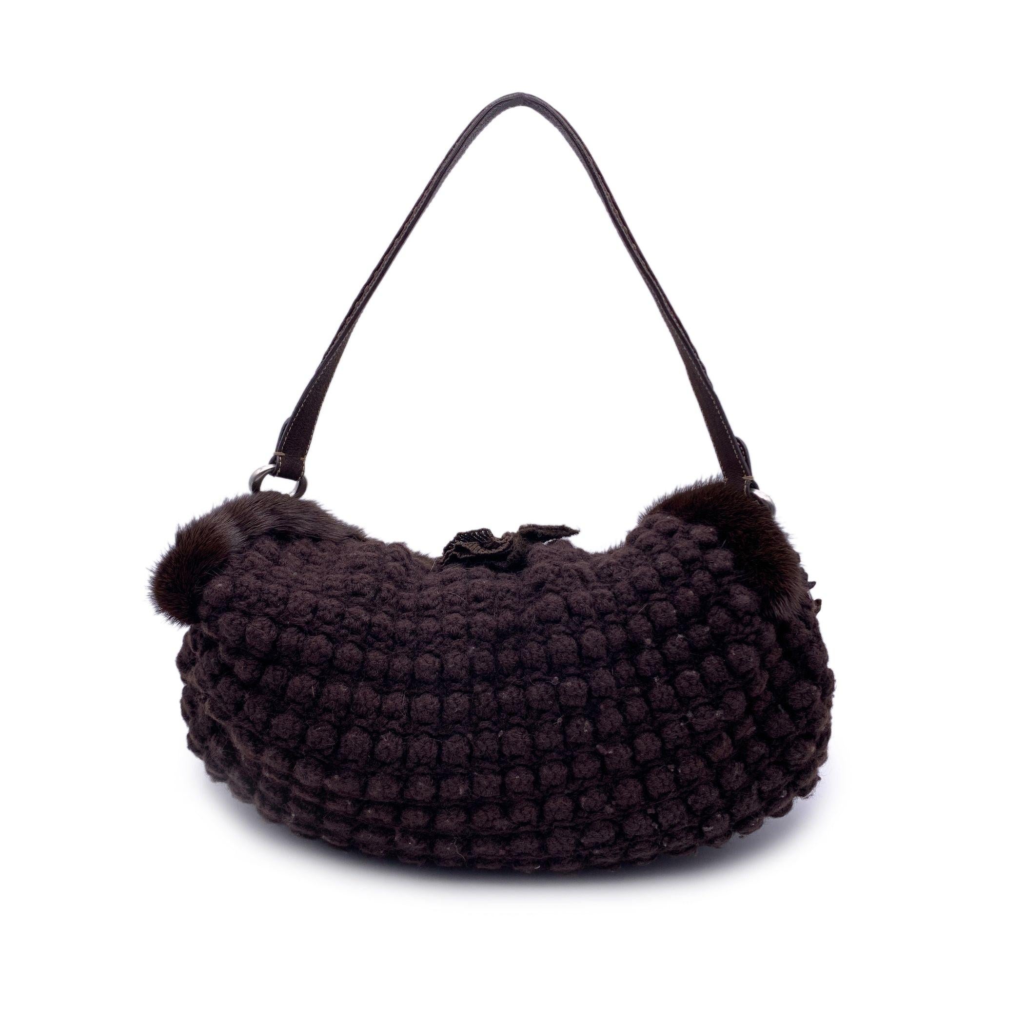 Black Ermanno Scervino Brown Wool Knit Tote Shoulder Bag Handbag