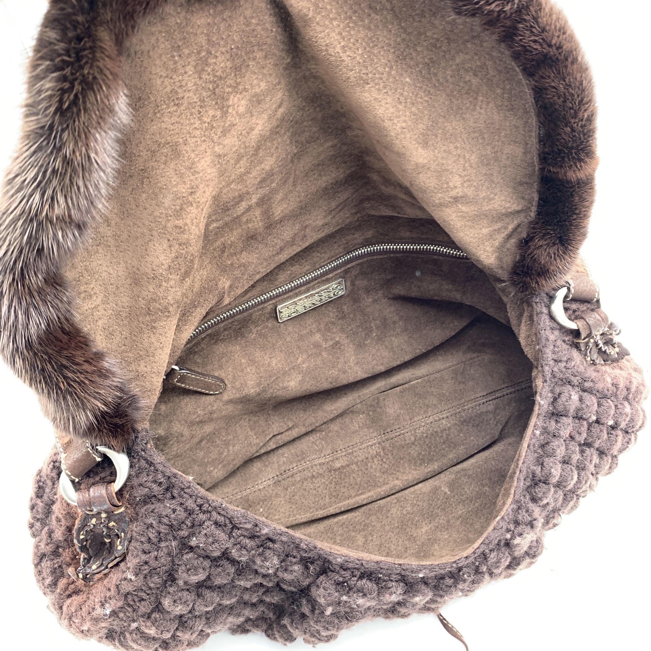 Women's Ermanno Scervino Brown Wool Knit Tote Shoulder Bag Handbag