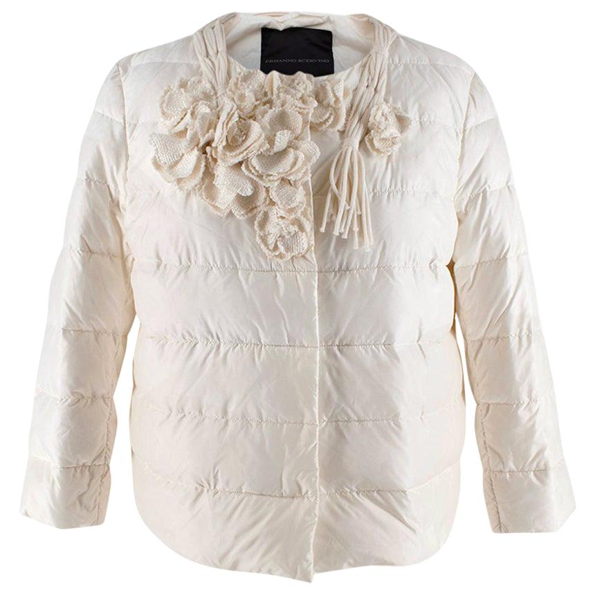Ermanno Scervino Cream Floral Applique Collarless Puffer Jacket - Size US 4 For Sale