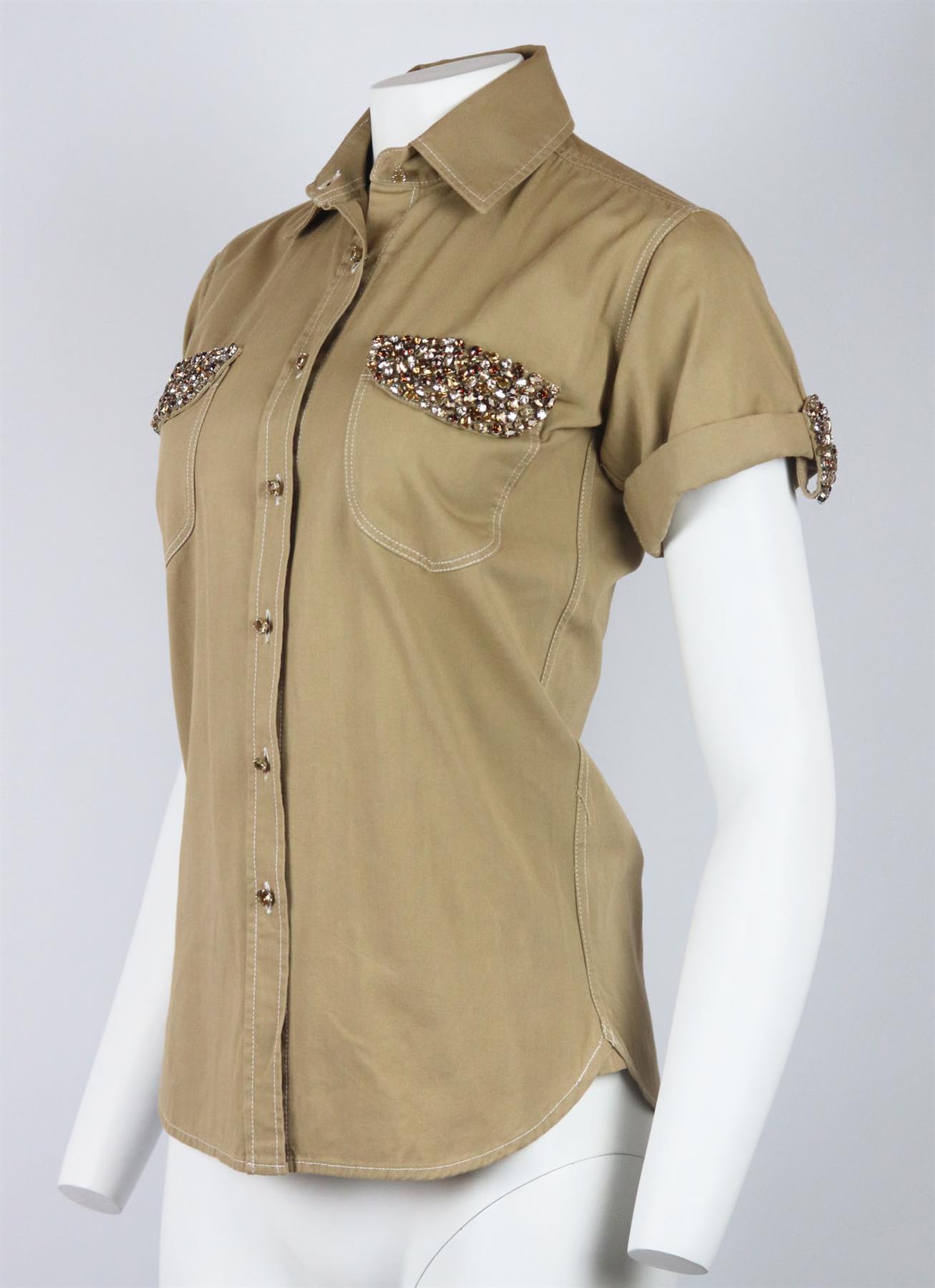 This shirt by Ermanno Scervino has been made from cotton-gabardine that has a smooth, structured feel, it's trimmed throughout with contrast stitching and bold crystal-embellished to glamorise a casual shirt. Beige cotton-gabardine. Button fastening