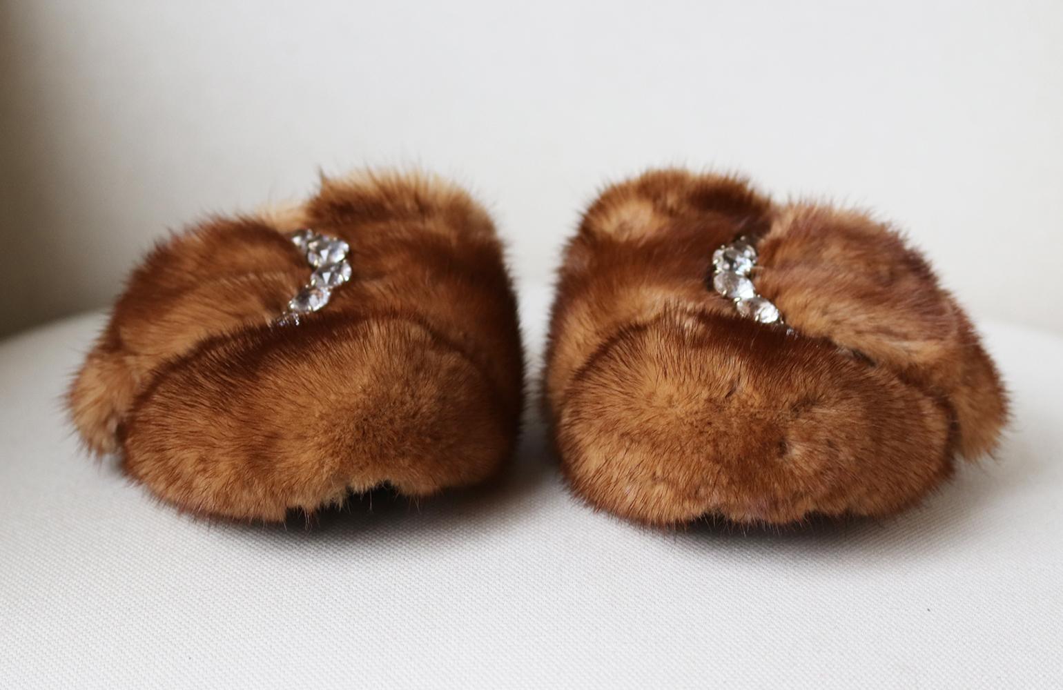 These Ermanno Scervino slippers have been made in Italy with soft mink-fur and embellsihed with an oversize buckle which is embellished with an array of large crystals. 
Heel measures approximately 20 mm/ 0.8 inches.
Brown fur (Mink).
Slips on.
Does