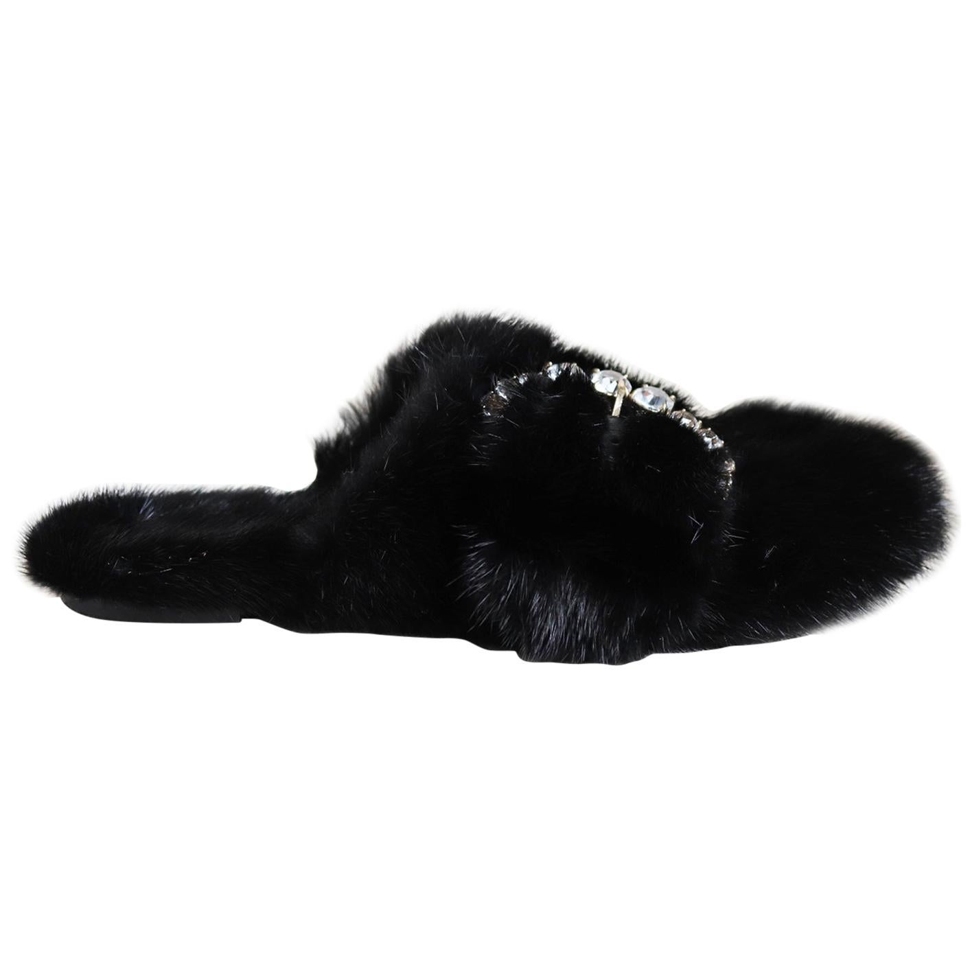 Ermanno Scervino Crystal-Embellished Mink-Fur Slippers