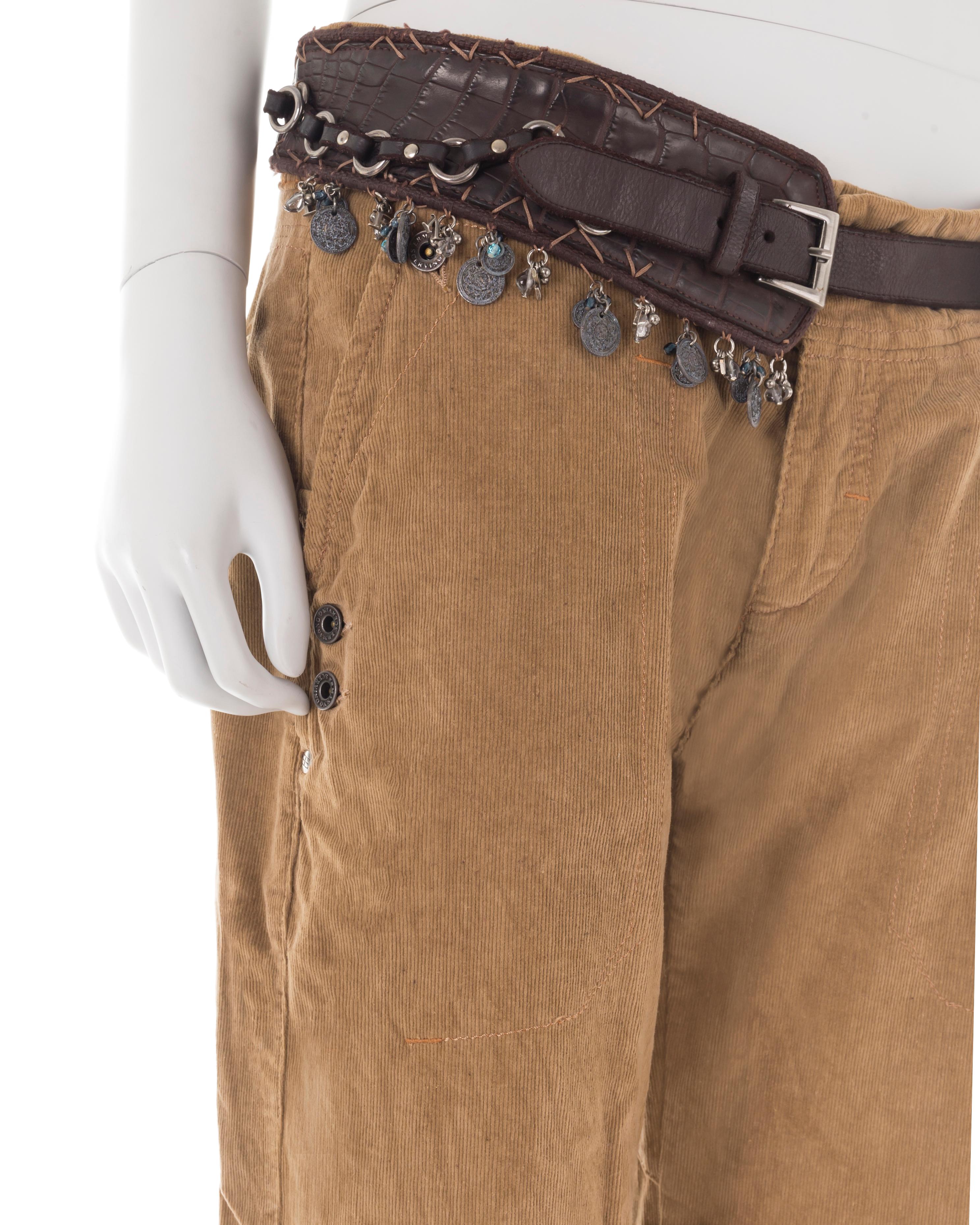 Brown Ermanno Scervino F/W 2005 camel corduroy pants with maxi leather belt For Sale