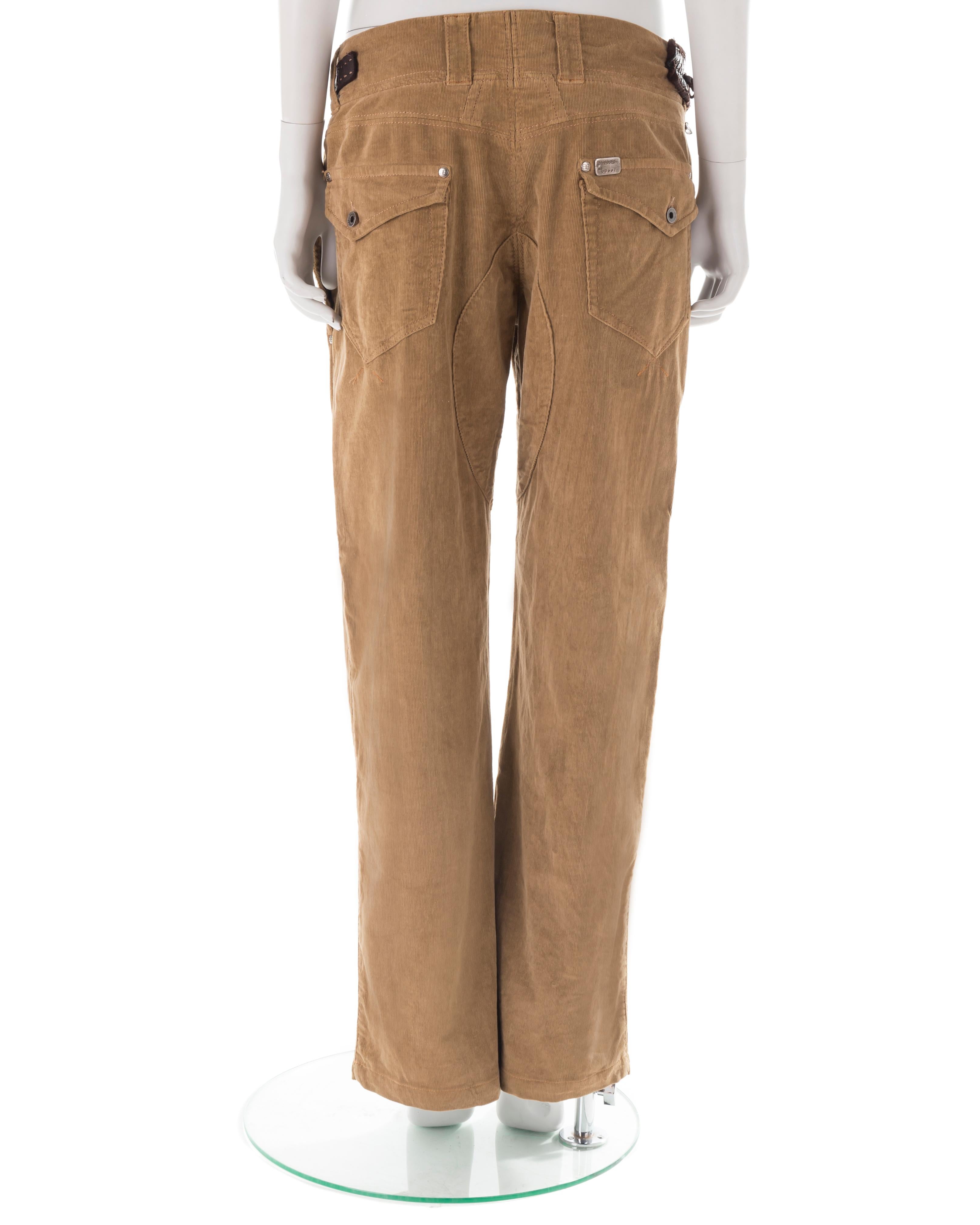 Ermanno Scervino F/W 2005 camel corduroy pants with maxi leather belt In Excellent Condition For Sale In Rome, IT