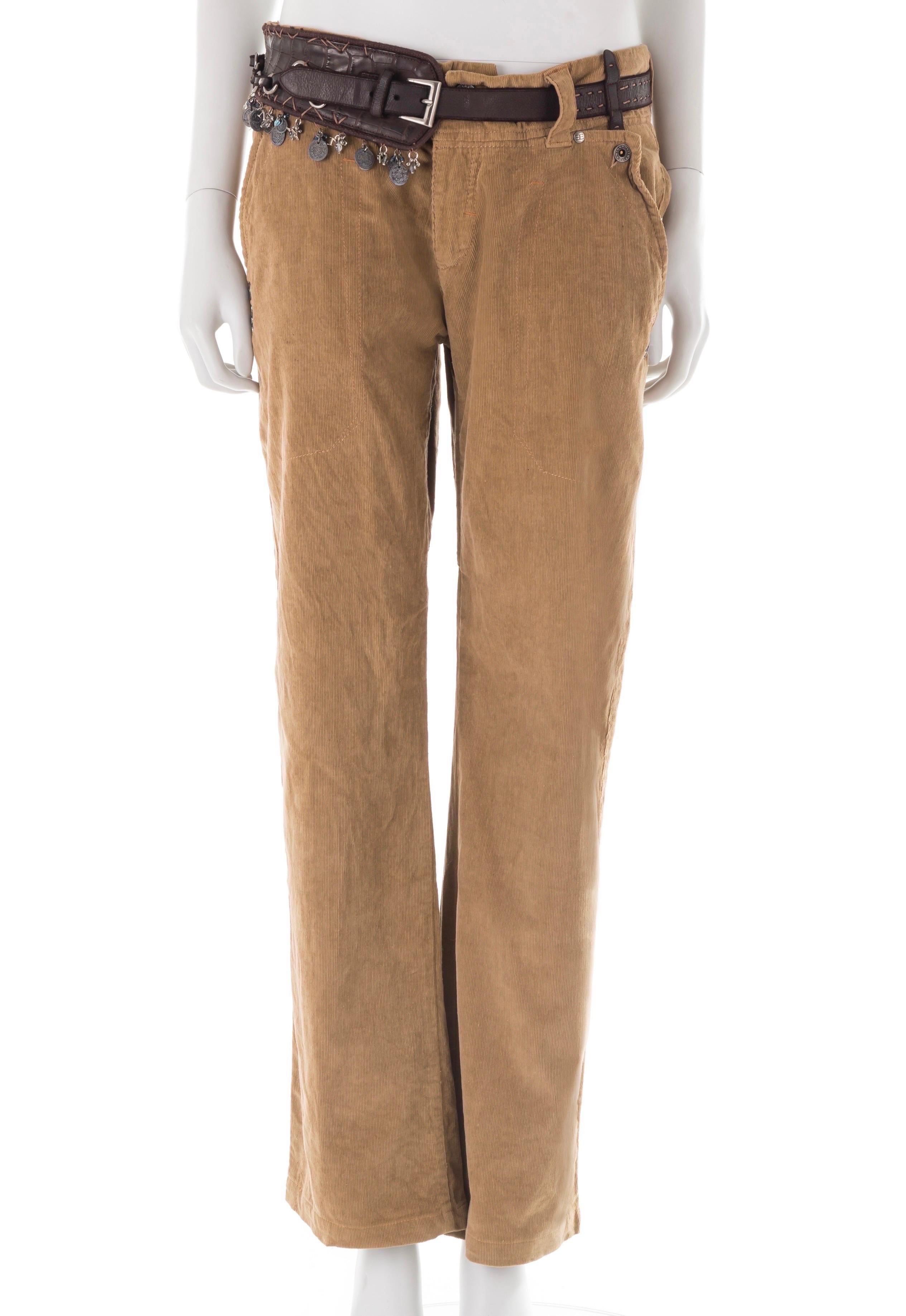 Ermanno Scervino F/W 2005 camel corduroy pants with maxi leather belt For Sale
