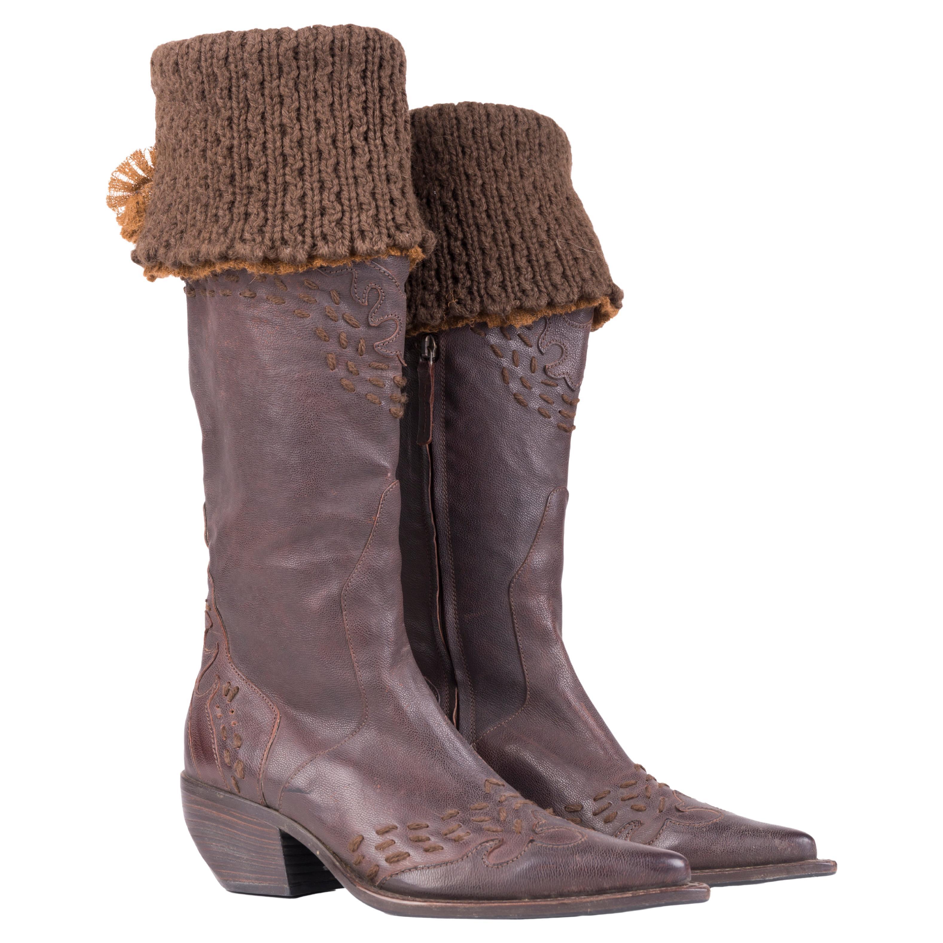 Ermanno Scervino F/W 2006 brown wool trim cowboy boots For Sale
