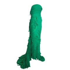 Ermanno Scervino Green Tiered Fringe Silk Chiffon Strapless Gown with Train