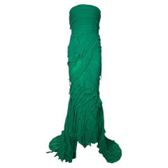 Ermanno Scervino Green Tiered Fringe Silk Chiffon Strapless Gown with Train