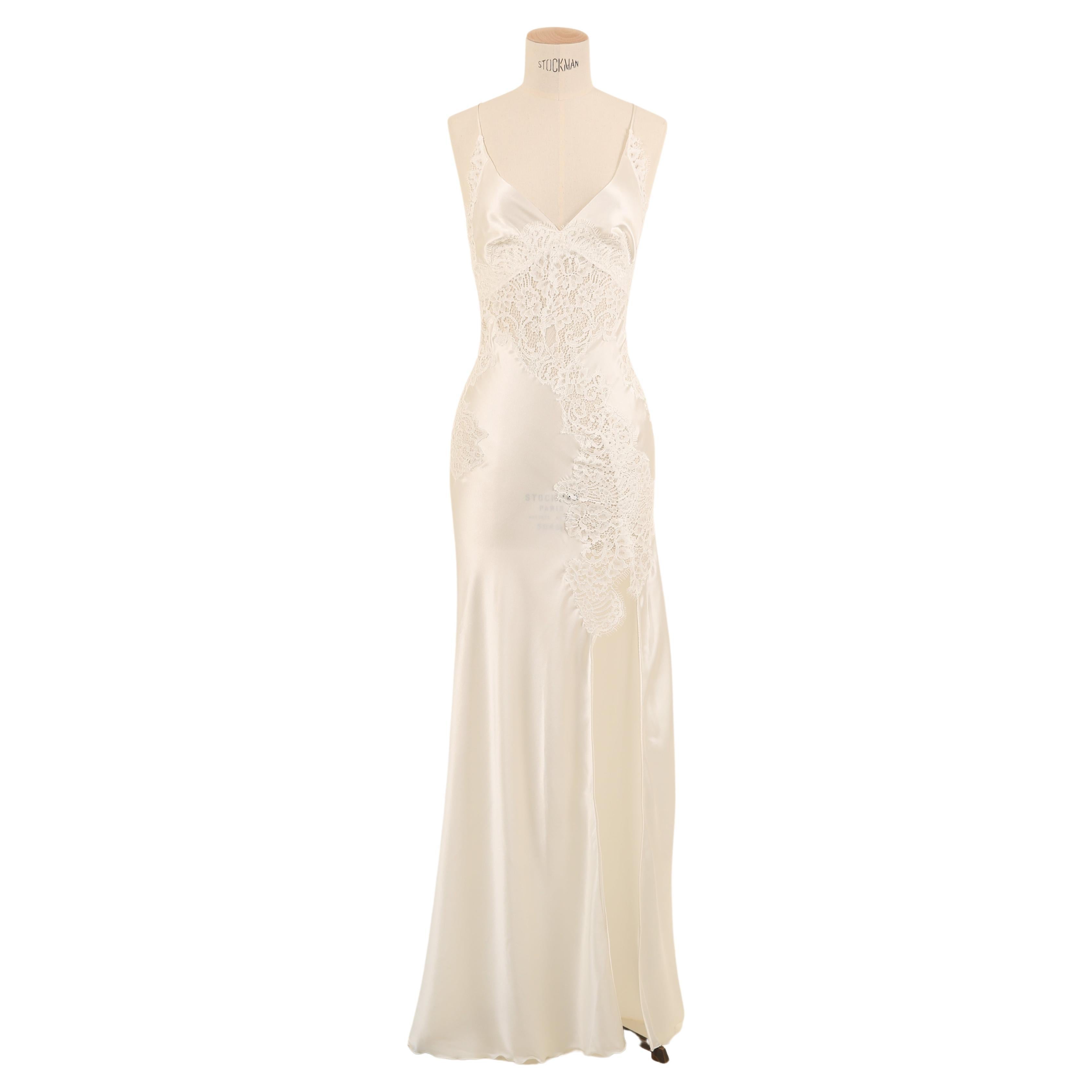 Ermanno Scervino ivory white silk lace plunging slit night gown backless dress For Sale