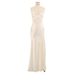 Ermanno Scervino ivory white silk lace plunging slit night gown backless dress