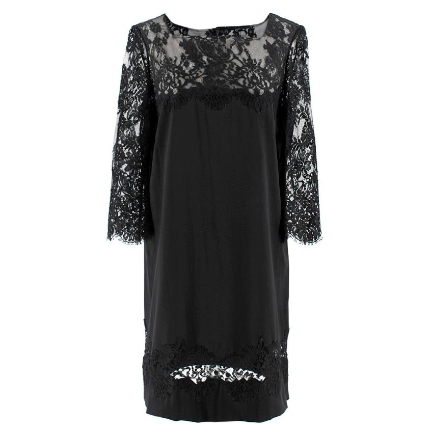 Ermanno Scervino lace-panelled black satin dress

- Black, lightweight duchess satin
- Square neck, 3/4 length sleeves
- Black floral lace yoke, sleeves and hem insert, scallop eyelash-lace edge 
- Centre-back half rouleau button and concealed-zip