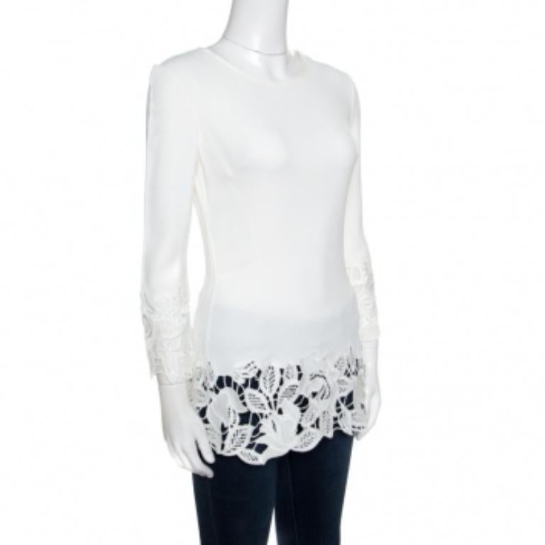 Ermanno Scervino Blanco roto Top de manga larga con detalle de encaje floral S Gris en venta