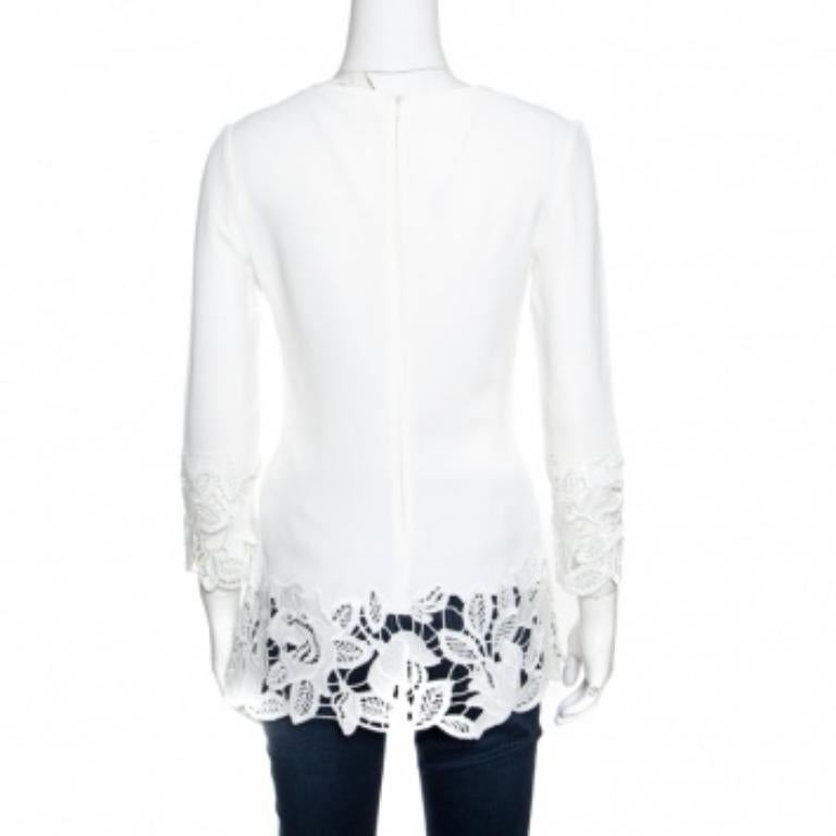 Ermanno Scervino Blanco roto Top de manga larga con detalle de encaje floral S en Bueno estado para la venta en Dubai, Al Qouz 2