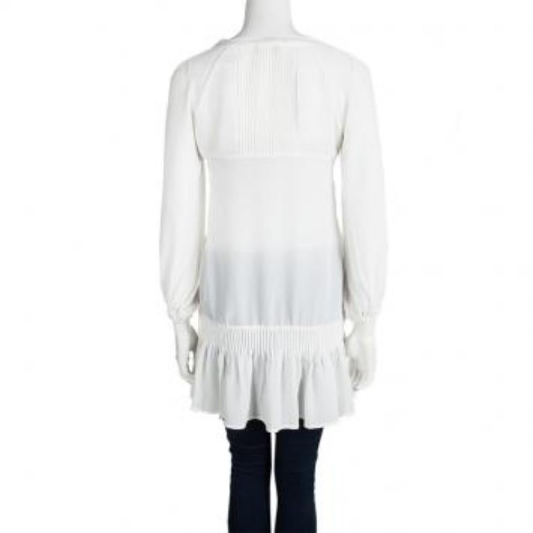 Ermanno Scervino - Tunique à manches longues en soie blanc cassé avec détails plissés S Bon état - En vente à Dubai, Al Qouz 2