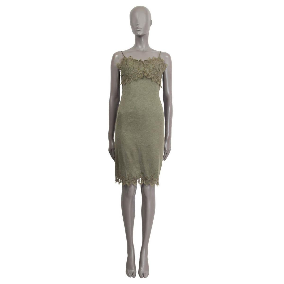 100% authentic Ermanno Scervino sleeveless slip dress in olive green wool (assumed because tag is missing) dress. Embellished with olive green lace around the bust and the hemline. Opens with a concealed zipper on the back. Lined in silk (assumed