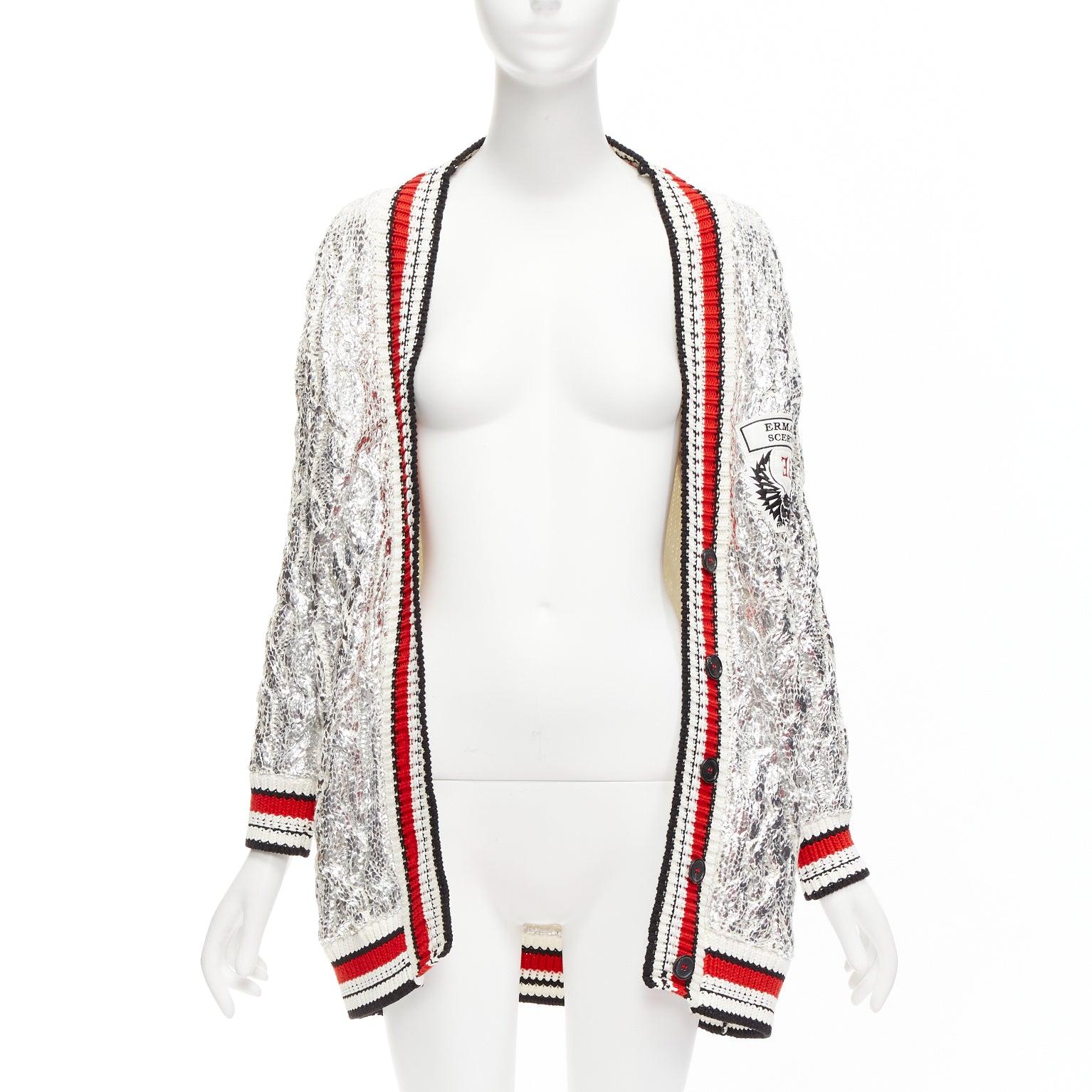 ERMANNO SCERVINO Over Sweatshirt silver foil cotton cable knit cardigan S In Excellent Condition For Sale In Hong Kong, NT