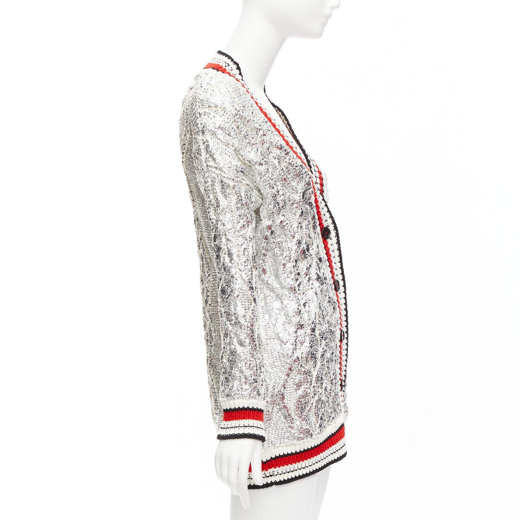 ERMANNO SCERVINO Over Sweatshirt silver foil cotton cable knit cardigan S For Sale 1