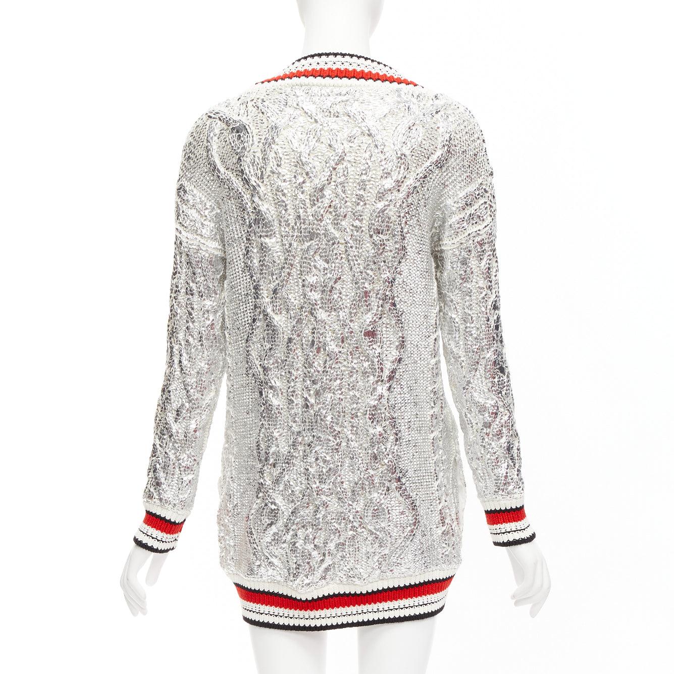 ERMANNO SCERVINO Over Sweatshirt silver foil cotton cable knit cardigan S For Sale 2